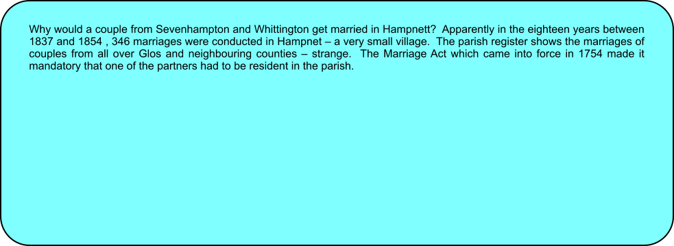 Why would a couple from Sevenhampton and Whittington get married in Hampnett?  Apparently in the eighteen years between 1837 and 1854 , 346 marriages were conducted in Hampnet  a very small village.  The parish register shows the marriages of couples from all over Glos and neighbouring counties  strange.  The Marriage Act which came into force in 1754 made it mandatory that one of the partners had to be resident in the parish.