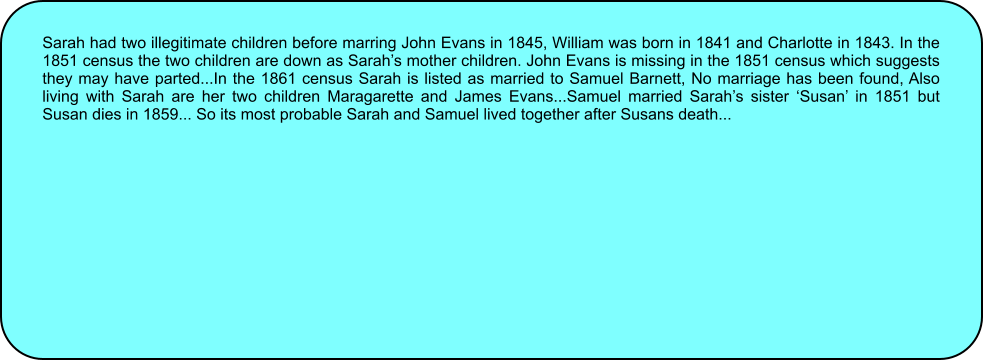 Sarah had two illegitimate children before marring John Evans in 1845, William was born in 1841 and Charlotte in 1843. In the 1851 census the two children are down as Sarahs mother children. John Evans is missing in the 1851 census which suggests they may have parted...In the 1861 census Sarah is listed as married to Samuel Barnett, No marriage has been found, Also living with Sarah are her two children Maragarette and James Evans...Samuel married Sarahs sister Susan in 1851 but Susan dies in 1859... So its most probable Sarah and Samuel lived together after Susans death...