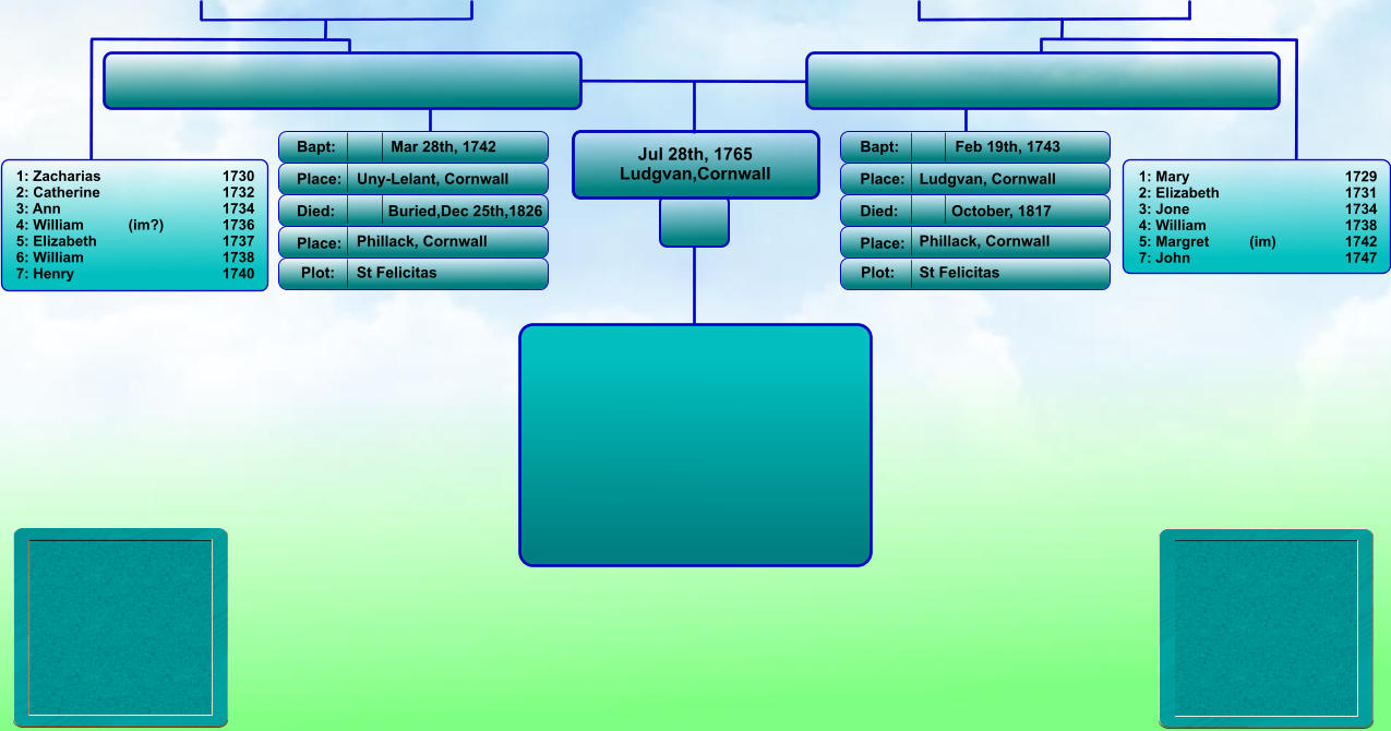 Jul 28th, 1765 Ludgvan,Cornwall Bapt: Place: Died: Place: Bapt: Place: Died: Place: Feb 19th, 1743 Ludgvan, Cornwall October, 1817 Phillack, Cornwall Mar 28th, 1742 Uny-Lelant, Cornwall Buried,Dec 25th,1826 Phillack, Cornwall Plot: St Felicitas  St Felicitas    1: Mary                                    	1729 2: Elizabeth                          	1731 3: Jone                                	1734 4: William                           	1738 5: Margret          (im)           	1742 7: John                                	1747 1: Zacharias                            	1730 2: Catherine                        	1732 3: Ann                                      	1734 4: William           (im?)            	1736 5: Elizabeth                          	1737 6: William                         	1738 7: Henry                            	1740 Plot: