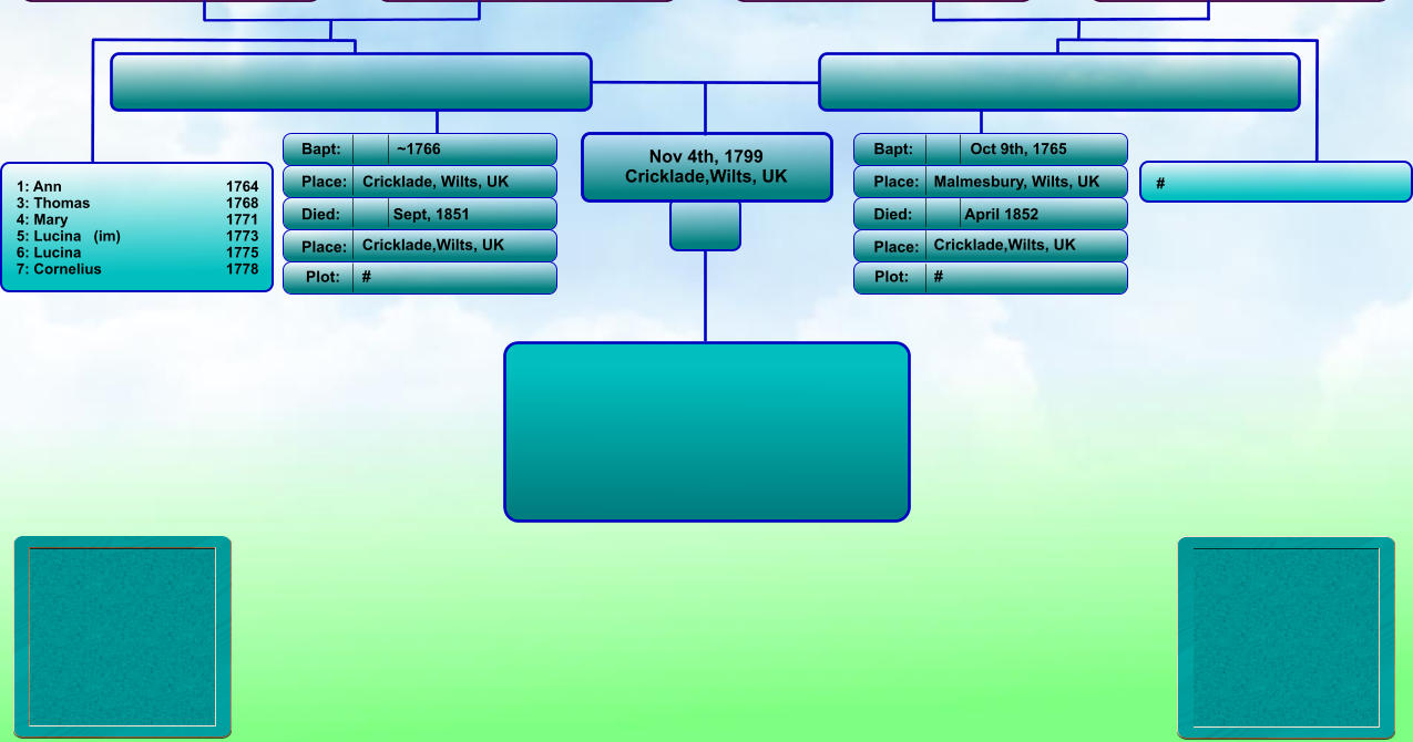 Nov 4th, 1799 Cricklade,Wilts, UK Bapt: Place: Died: Place: Bapt: Place: Died: Place: Oct 9th, 1765 Malmesbury, Wilts, UK April 1852 Cricklade,Wilts, UK ~1766 Cricklade, Wilts, UK Sept, 1851 Cricklade,Wilts, UK Plot: #  #   # 1: Ann                               	1764 3: Thomas                             	1768 4: Mary                              	1771 5: Lucina   (im)                       	1773 6: Lucina                           	1775 7: Cornelius                        	1778   Plot: