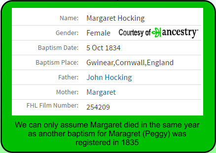 We can only assume Margaret died in the same year as another baptism for Maragret (Peggy) was registered in 1835