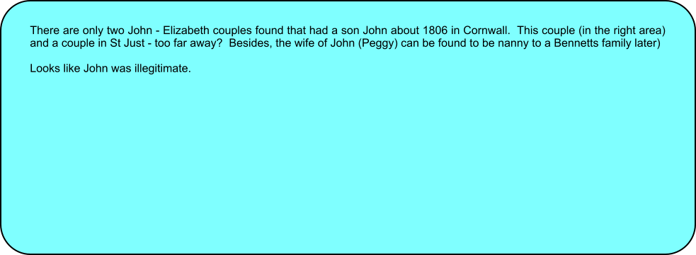 There are only two John - Elizabeth couples found that had a son John about 1806 in Cornwall.  This couple (in the right area) and a couple in St Just - too far away?  Besides, the wife of John (Peggy) can be found to be nanny to a Bennetts family later)  Looks like John was illegitimate.