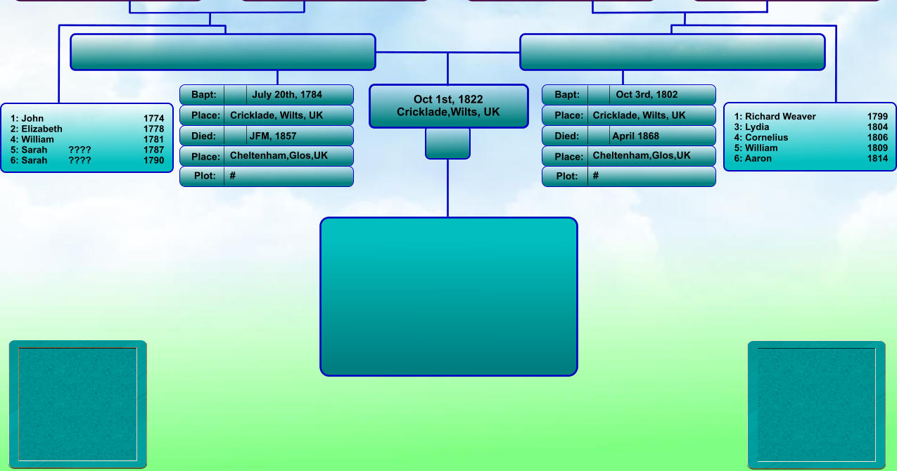 Oct 1st, 1822 Cricklade,Wilts, UK Bapt: Place: Died: Place: Bapt: Place: Died: Place: Oct 3rd, 1802 Cricklade, Wilts, UK April 1868 Cheltenham,Glos,UK July 20th, 1784 Cricklade, Wilts, UK JFM, 1857 Cheltenham,Glos,UK Plot: Plot: #  #   1: Richard Weaver                	1799 3: Lydia                            	1804 4: Cornelius                      	1806 5: William                         	1809 6: Aaron                             	1814 1: John                             	1774 2: Elizabeth                             	1778 4: William                          	1781 5: Sarah        ????                   	1787 6: Sarah        ????                  	1790