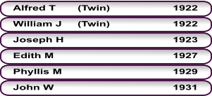 Alfred T       (Twin)                    	1922 William J     (Twin)                   	1922 Joseph H                              	1923 Edith M                                 	1927 Phyllis M                                	1929 John W                              	1931