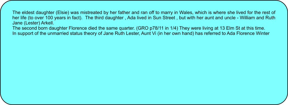 The eldest daughter (Elsie) was mistreated by her father and ran off to marry in Wales, which is where she lived for the rest of her life (to over 100 years in fact).  The third daughter , Ada lived in Sun Street , but with her aunt and uncle - William and Ruth Jane (Lester) Arkell. The second born daughter Florence died the same quarter. (GRO p78/11 in 1/4) They were living at 13 Elm St at this time. In support of the unmarried status theory of Jane Ruth Lester, Aunt Vi (in her own hand) has referred to Ada Florence Winter