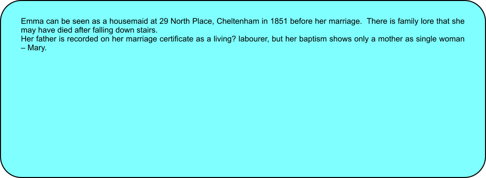 Emma can be seen as a housemaid at 29 North Place, Cheltenham in 1851 before her marriage.  There is family lore that she may have died after falling down stairs. Her father is recorded on her marriage certificate as a living? labourer, but her baptism shows only a mother as single woman  Mary.