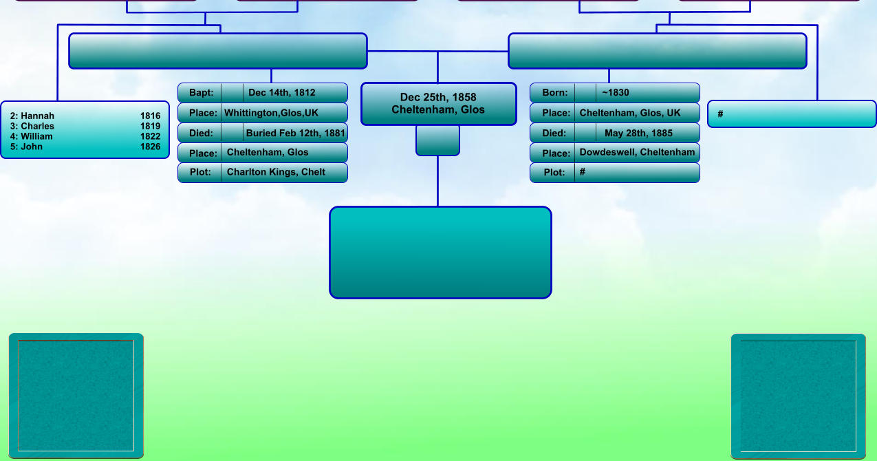 Dec 25th, 1858 Cheltenham, Glos Bapt: Place: Died: Place: Born: Place: Died: Place: ~1830 Cheltenham, Glos, UK May 28th, 1885 Dowdeswell, Cheltenham Dec 14th, 1812 Whittington,Glos,UK   Buried Feb 12th, 1881 Cheltenham, Glos Plot: Plot: Charlton Kings, Chelt  #  # 2: Hannah                             	1816 3: Charles                              	1819 4: William                            	1822 5: John                             	1826