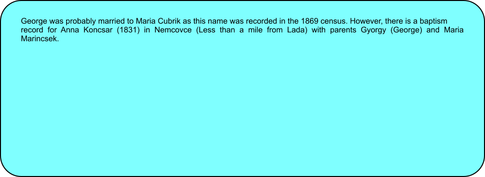 George was probably married to Maria Cubrik as this name was recorded in the 1869 census. However, there is a baptism record for Anna Koncsar (1831) in Nemcovce (Less than a mile from Lada) with parents Gyorgy (George) and Maria Marincsek.