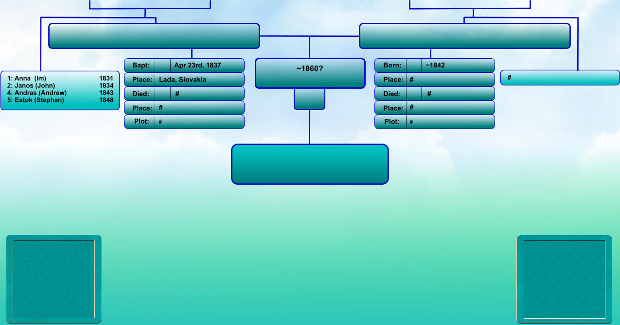 ~1860? Bapt: Place: Died: Place: Born: Place: Died: Place: ~1842 # # # Apr 23rd, 1837 Lada, Slovakia # # Plot: Plot: #  #   # 1: Anna  (im)                       	1831 2: Janos (John)                	1834 4: Andras (Andrew)             	1843 5: Estok (Stephan)              	1848