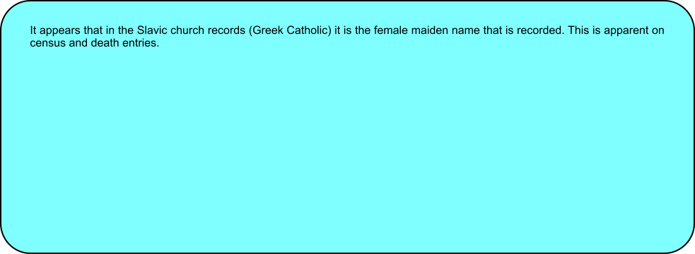 It appears that in the Slavic church records (Greek Catholic) it is the female maiden name that is recorded. This is apparent on census and death entries.
