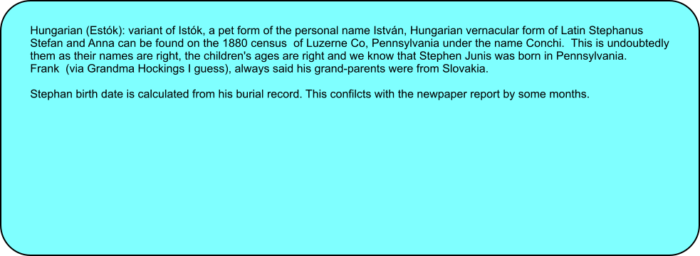 Hungarian (Estók): variant of Istók, a pet form of the personal name István, Hungarian vernacular form of Latin Stephanus  Stefan and Anna can be found on the 1880 census  of Luzerne Co, Pennsylvania under the name Conchi.  This is undoubtedly them as their names are right, the children's ages are right and we know that Stephen Junis was born in Pennsylvania. Frank  (via Grandma Hockings I guess), always said his grand-parents were from Slovakia.  Stephan birth date is calculated from his burial record. This confilcts with the newpaper report by some months.