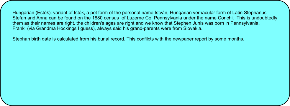 Hungarian (Estk): variant of Istk, a pet form of the personal name Istvn, Hungarian vernacular form of Latin Stephanus  Stefan and Anna can be found on the 1880 census  of Luzerne Co, Pennsylvania under the name Conchi.  This is undoubtedly them as their names are right, the children's ages are right and we know that Stephen Junis was born in Pennsylvania. Frank  (via Grandma Hockings I guess), always said his grand-parents were from Slovakia.  Stephan birth date is calculated from his burial record. This confilcts with the newpaper report by some months.