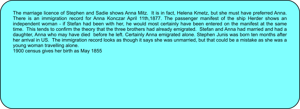 The marriage licence of Stephen and Sadie shows Anna Mitz.  It is in fact, Helena Kmetz, but she must have preferred Anna. There is an immigration record for Anna Konczar April 11th,1877. The passenger manifest of the ship Herder shows an independent woman - if Stefan had been with her, he would most certainly have been entered on the manifest at the same time.  This tends to confirm the theory that the three brothers had already emigrated.  Stefan and Anna had married and had a daughter, Anna who may have died  before he left. Certainly Anna emigrated alone. Stephen Junis was born ten months after her arrival in US.  The immigration record looks as though it says she was unmarried, but that could be a mistake as she was a young woman travelling alone. 1900 census gives her birth as May 1855