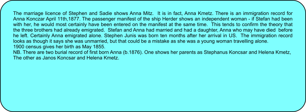The marriage licence of Stephen and Sadie shows Anna Mitz.  It is in fact, Anna Kmetz. There is an immigration record for Anna Konczar April 11th,1877. The passenger manifest of the ship Herder shows an independent woman - if Stefan had been with her, he would most certainly have been entered on the manifest at the same time.  This tends to confirm the theory that the three brothers had already emigrated.  Stefan and Anna had married and had a daughter, Anna who may have died  before he left. Certainly Anna emigrated alone. Stephen Junis was born ten months after her arrival in US.  The immigration record looks as though it says she was unmarried, but that could be a mistake as she was a young woman travelling alone. 1900 census gives her birth as May 1855. NB. There are two burial record of first born Anna (b.1876). One shows her parents as Stephanus Koncsar and Helena Kmetz,  The other as Janos Koncsar and Helena Kmetz.