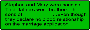 Stephen and Mary were cousins Their fathers were brothers, the sons of                     . .Even though they declare no blood relationship on the marriage application