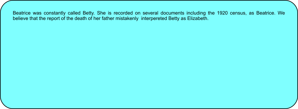 Beatrice was constantly called Betty. She is recorded on several documents including the 1920 census, as Beatrice. We believe that the report of the death of her father mistakenly  interpereted Betty as Elizabeth.