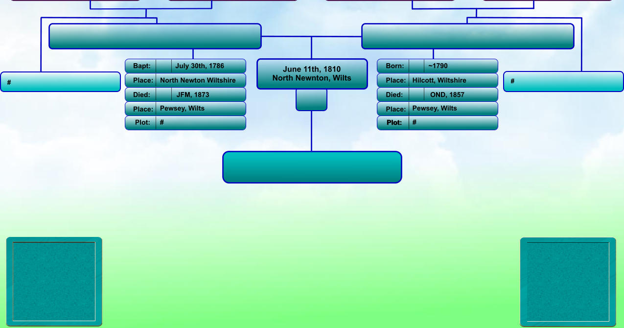 June 11th, 1810 North Newnton, Wilts Bapt: Place: Died: Place: Born: Place: Died: Place: ~1790 Hilcott, Wiltshire OND, 1857 Pewsey, Wilts July 30th, 1786 North Newton Wiltshire JFM, 1873 Pewsey, Wilts  Plot: Plot: #  #   # #  Plot:
