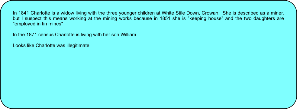 In 1841 Charlotte is a widow living with the three younger children at White Stile Down, Crowan.  She is described as a miner, but I suspect this means working at the mining works because in 1851 she is "keeping house" and the two daughters are "employed in tin mines"  In the 1871 census Charlotte is living with her son William.  Looks like Charlotte was illegitimate.