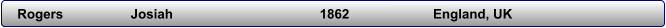 Rogers             	Josiah                               	1862                      	England, UK