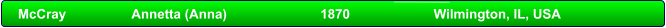 McCray            	Annetta (Anna)                   	1870                 	Wilmington, IL, USA
