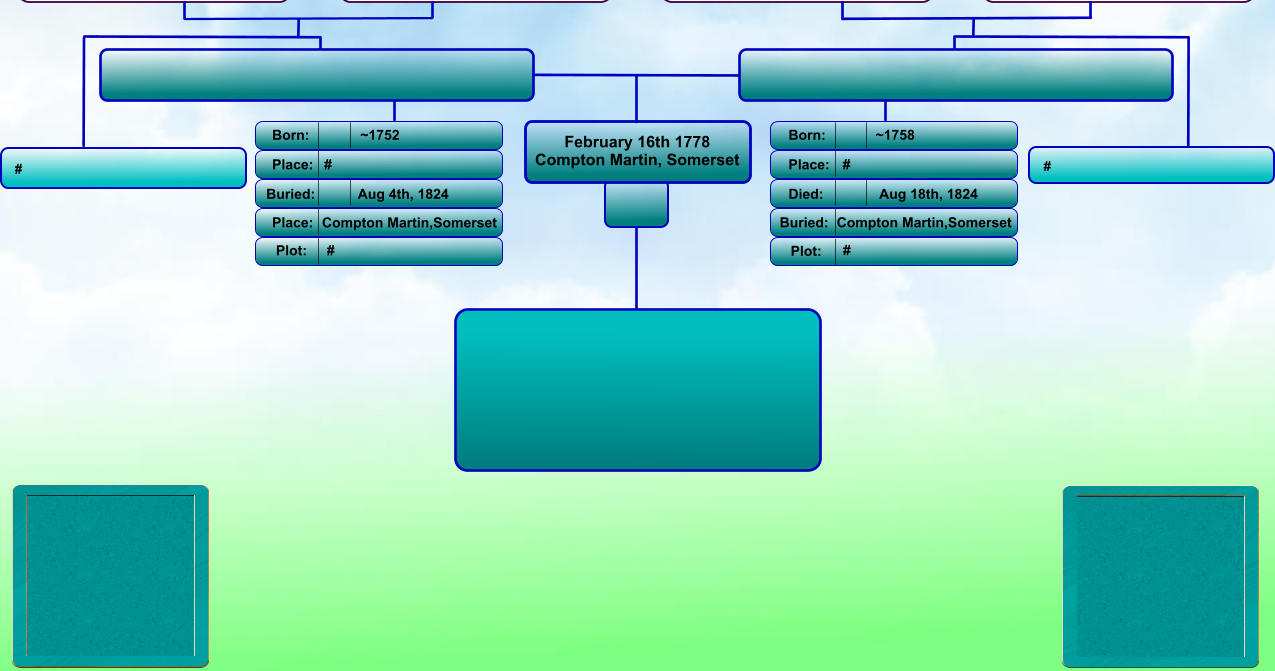 February 16th 1778 Compton Martin, Somerset Born: Place: Buried: Place: Born: Place: Died: Buried: ~1758 # Aug 18th, 1824 Compton Martin,Somerset ~1752 # Aug 4th, 1824 Compton Martin,Somerset Plot: Plot: #  #   # #