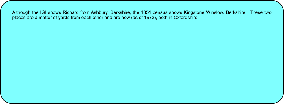 Although the IGI shows Richard from Ashbury, Berkshire, the 1851 census shows Kingstone Winslow. Berkshire.  These two places are a matter of yards from each other and are now (as of 1972), both in Oxfordshire