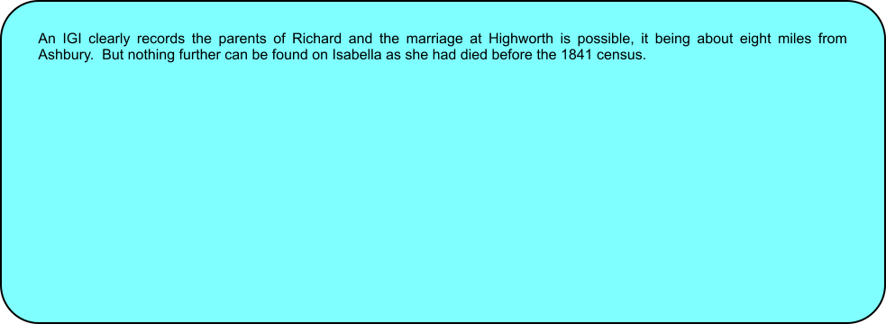 An IGI clearly records the parents of Richard and the marriage at Highworth is possible, it being about eight miles from Ashbury.  But nothing further can be found on Isabella as she had died before the 1841 census.