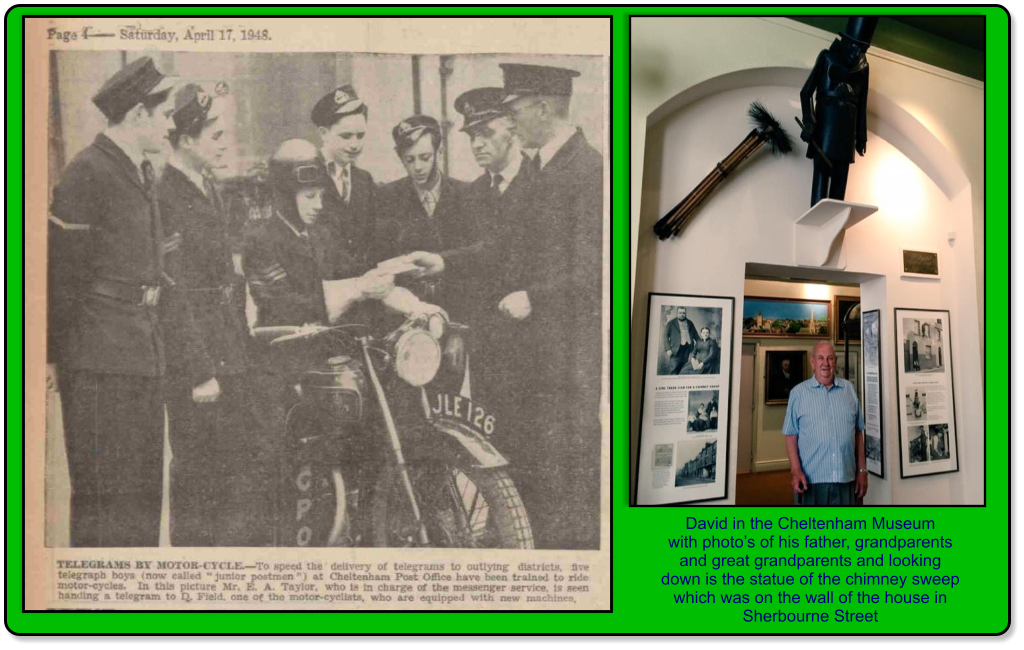 David in the Cheltenham Museum with photo�s of his father, grandparents and great grandparents and looking down is the statue of the chimney sweep which was on the wall of the house in Sherbourne Street
