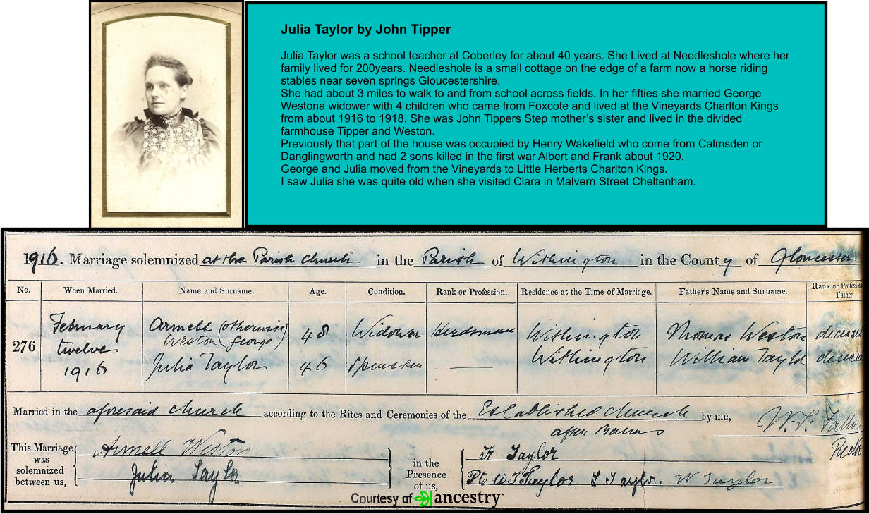 Julia Taylor by John Tipper  Julia Taylor was a school teacher at Coberley for about 40 years. She Lived at Needleshole where her family lived for 200years. Needleshole is a small cottage on the edge of a farm now a horse riding stables near seven springs Gloucestershire. She had about 3 miles to walk to and from school across fields. In her fifties she married George Westona widower with 4 children who came from Foxcote and lived at the Vineyards Charlton Kings from about 1916 to 1918. She was John Tippers Step mother�s sister and lived in the divided farmhouse Tipper and Weston. Previously that part of the house was occupied by Henry Wakefield who come from Calmsden or Danglingworth and had 2 sons killed in the first war Albert and Frank about 1920.  George and Julia moved from the Vineyards to Little Herberts Charlton Kings. I saw Julia she was quite old when she visited Clara in Malvern Street Cheltenham.
